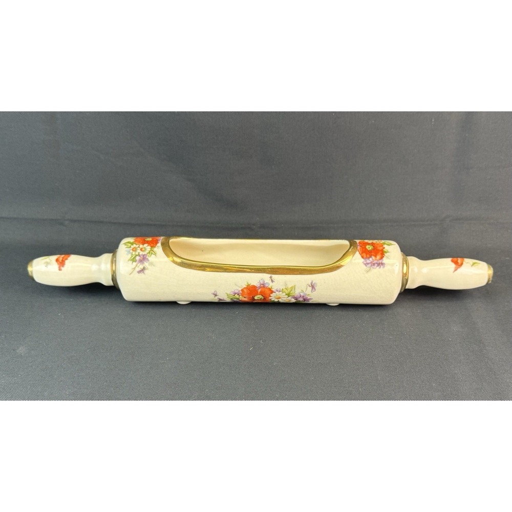 VTG Harker Pottery Rolling Pin Planter Lovelace Floral Design With Gold Trim
